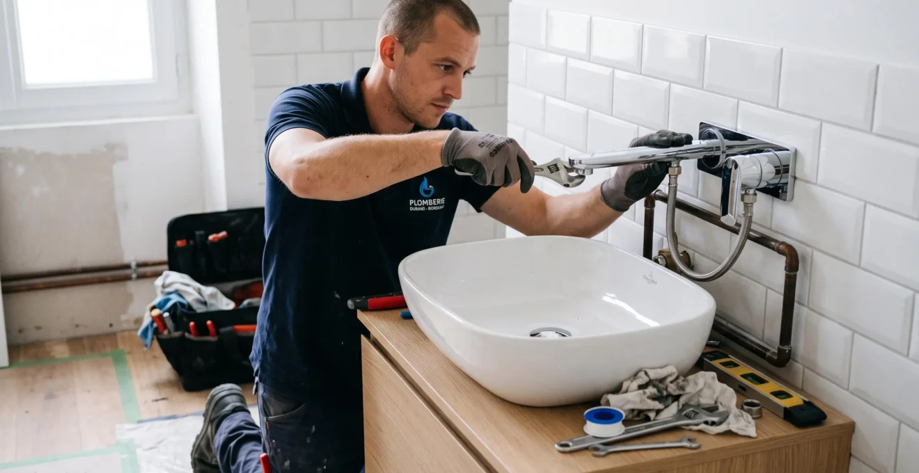 Plombier installant une robinetterie murale moderne de qualité dans une salle de bain, travail professionnel sur équipement contemporain