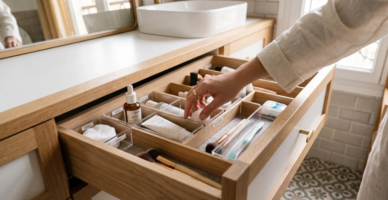 Main ouvrant un tiroir de salle de bain avec compartiments organisés et rangement optimisé pour produits et accessoires
