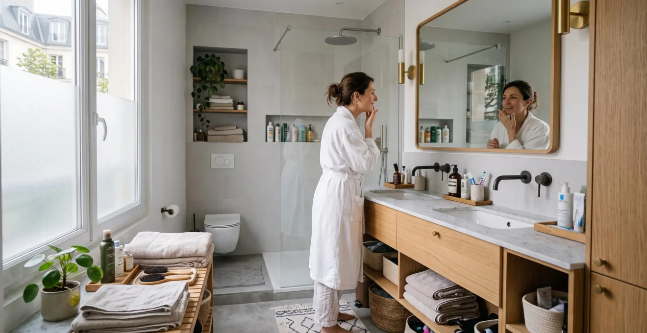 Femme utilisant naturellement une salle de bain moderne française au design épuré avec rangements intégrés et organisation fonctionnelle visible