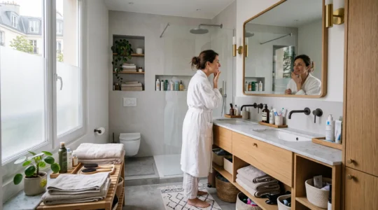 Femme utilisant naturellement une salle de bain moderne française au design épuré avec rangements intégrés et organisation fonctionnelle visible