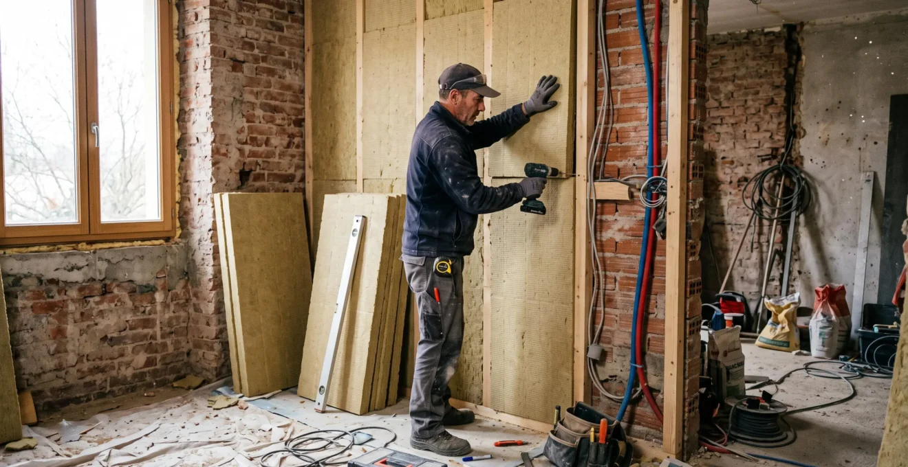 Professional contractor installing insulation panels on an interior wall during a residential renovation project.