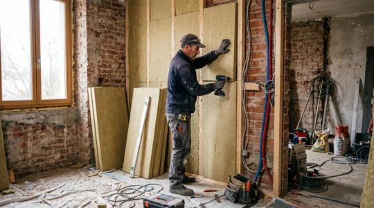 Professional contractor installing insulation panels on an interior wall during a residential renovation project.