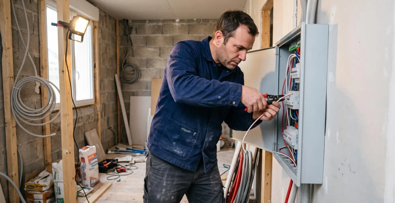 Electrician connecting wiring in an electrical panel during a home renovation project.