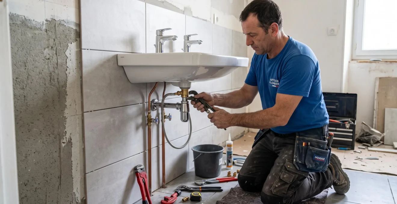 Plumber installing bathroom fixtures during a residential renovation with partially completed tile work visible.