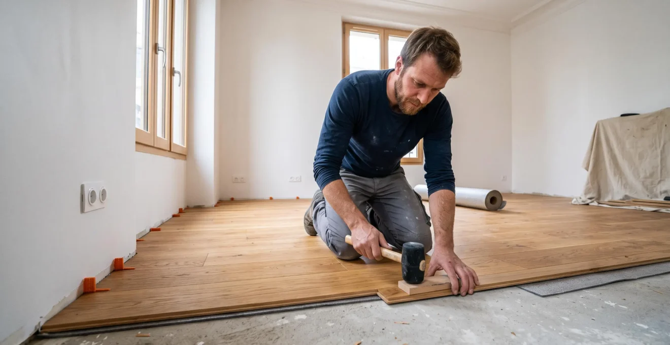 Floor installer fitting hardwood boards in a living room during the final stages of a home renovation.